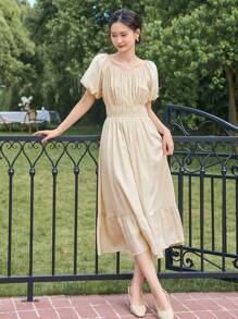 DAZY Đầm Viên lá sen Nếp gấp Phần Ngực màu trơn Thanh lịch - Màu be - Xem 7