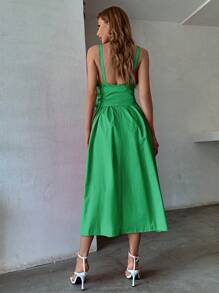 SHEIN LUNE 素色前蝴蝶結斜口袋連衣裙 - 綠色 - 查看 2