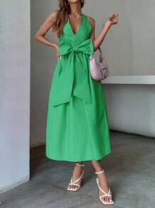 SHEIN LUNE 素色前蝴蝶結斜口袋連衣裙 - 綠色 - 查看 3
