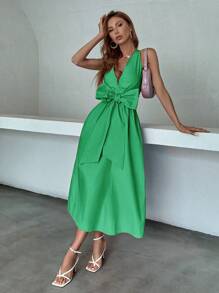SHEIN LUNE 素色前蝴蝶結斜口袋連衣裙 - 綠色 - 查看 5