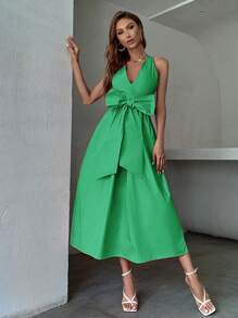 SHEIN LUNE 素色前蝴蝶結斜口袋連衣裙 - 綠色 - 查看 6