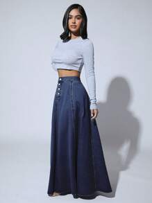 SHEIN SXY 高腰紐扣門襟喇叭下擺牛仔半身裙 - 深色水洗藍 - 查看 4