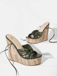 SheIn VCAY Dép quai ngang đi nghỉ mát dành cho nữ, Xăng đan nêm trang trí thắt nút - Màu xanh Ô liu - Xem 1