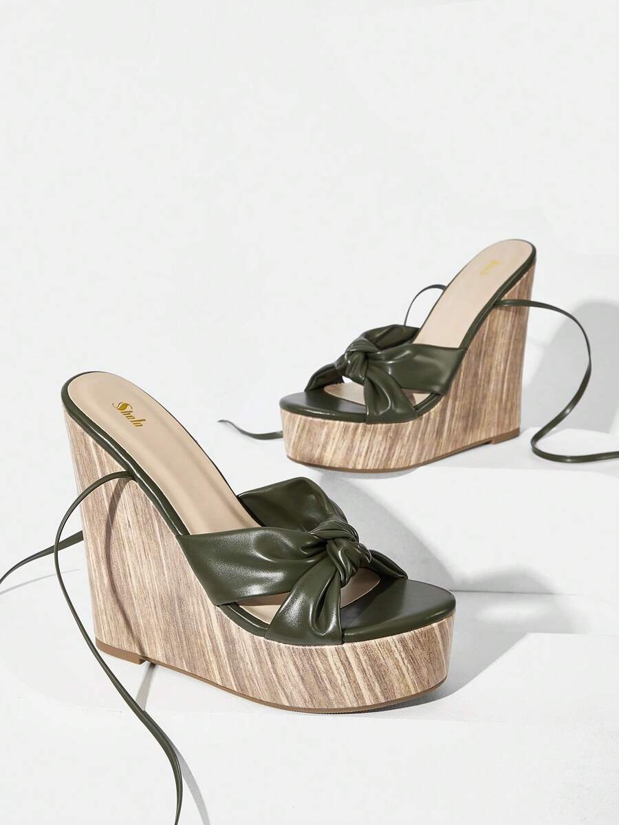 SheIn VCAY Dép quai ngang đi nghỉ mát dành cho nữ, Xăng đan nêm trang trí thắt nút - Màu xanh Ô liu - Xem 1