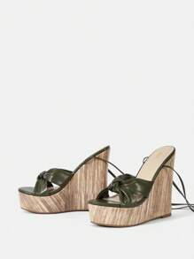 SheIn VCAY Dép quai ngang đi nghỉ mát dành cho nữ, Xăng đan nêm trang trí thắt nút - Màu xanh Ô liu - Xem 3