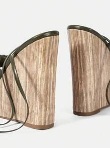 SheIn VCAY Dép quai ngang đi nghỉ mát dành cho nữ, Xăng đan nêm trang trí thắt nút - Màu xanh Ô liu - Xem 6