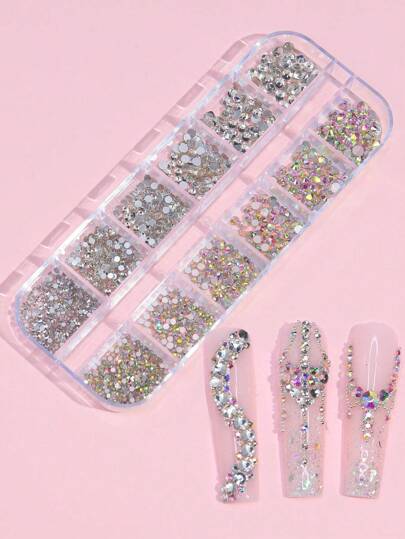 12 Rejillas/Caja Decoración de arte de uñas con rhinestones multicolor de fondo plano, dijes para uñas, gemas para uñas, suministros para uñas