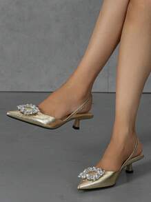 女士水钻装饰纯色尖头后系带猫跟露跟高跟鞋，时尚舒适，适合优雅派对、宴会、晚礼服、秋冬季节穿着，金色高跟鞋搭配商务正装，尽显优雅气质。 - 金色 - 查看 3