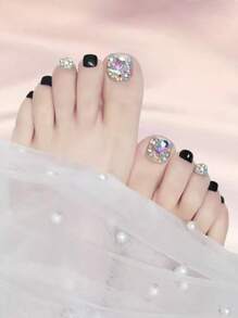 Añade un toque de lujo a las puntas de tus uñas de los pies con decoración de diamantes de imitación 3D, cobertura completa, uñas postizas de cristal negro, purpurina, cortas, cuadradas, acrílicas, kit de uñas postizas para mujeres y niñas (24 piezas) - Multicolor - Ver 1