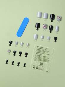 Añade un toque de lujo a las puntas de tus uñas de los pies con decoración de diamantes de imitación 3D, cobertura completa, uñas postizas de cristal negro, purpurina, cortas, cuadradas, acrílicas, kit de uñas postizas para mujeres y niñas (24 piezas) - Multicolor - Ver 2