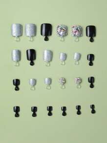 Añade un toque de lujo a las puntas de tus uñas de los pies con decoración de diamantes de imitación 3D, cobertura completa, uñas postizas de cristal negro, purpurina, cortas, cuadradas, acrílicas, kit de uñas postizas para mujeres y niñas (24 piezas) - Multicolor - Ver 3