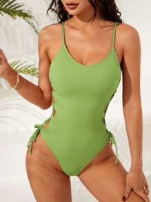 SHEIN Swim Phụ nữ một mảnh Ren lên màu trơn Gợi cảm - màu xanh lá - Xem 4