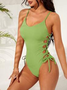 SHEIN Swim Phụ nữ một mảnh Ren lên màu trơn Gợi cảm - màu xanh lá - Xem 5