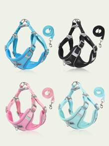 1pc Two Tone Patch Decor Pet Harness & 1pc Leash Set For Dog For Outdoor - Black - View 1