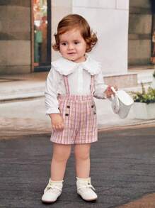 SHEIN 2 件装女婴优雅彼得潘领荷叶边长袖衬衫和格子背带短裤套装，粉色 - 彩色 - 查看 4