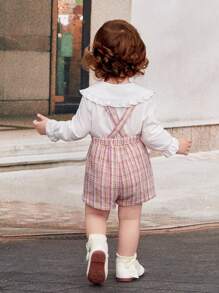 SHEIN 2 件装女婴优雅彼得潘领荷叶边长袖衬衫和格子背带短裤套装，粉色 - 彩色 - 查看 2