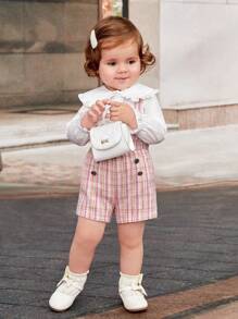 SHEIN 2 件装女婴优雅彼得潘领荷叶边长袖衬衫和格子背带短裤套装，粉色 - 彩色 - 查看 3