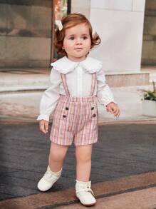 SHEIN 2 件装女婴优雅彼得潘领荷叶边长袖衬衫和格子背带短裤套装，粉色 - 彩色 - 查看 6
