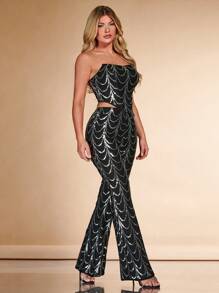 SHEIN BAE 聖誕亮片裝飾抹胸上衣 - 黑色 - 查看 6