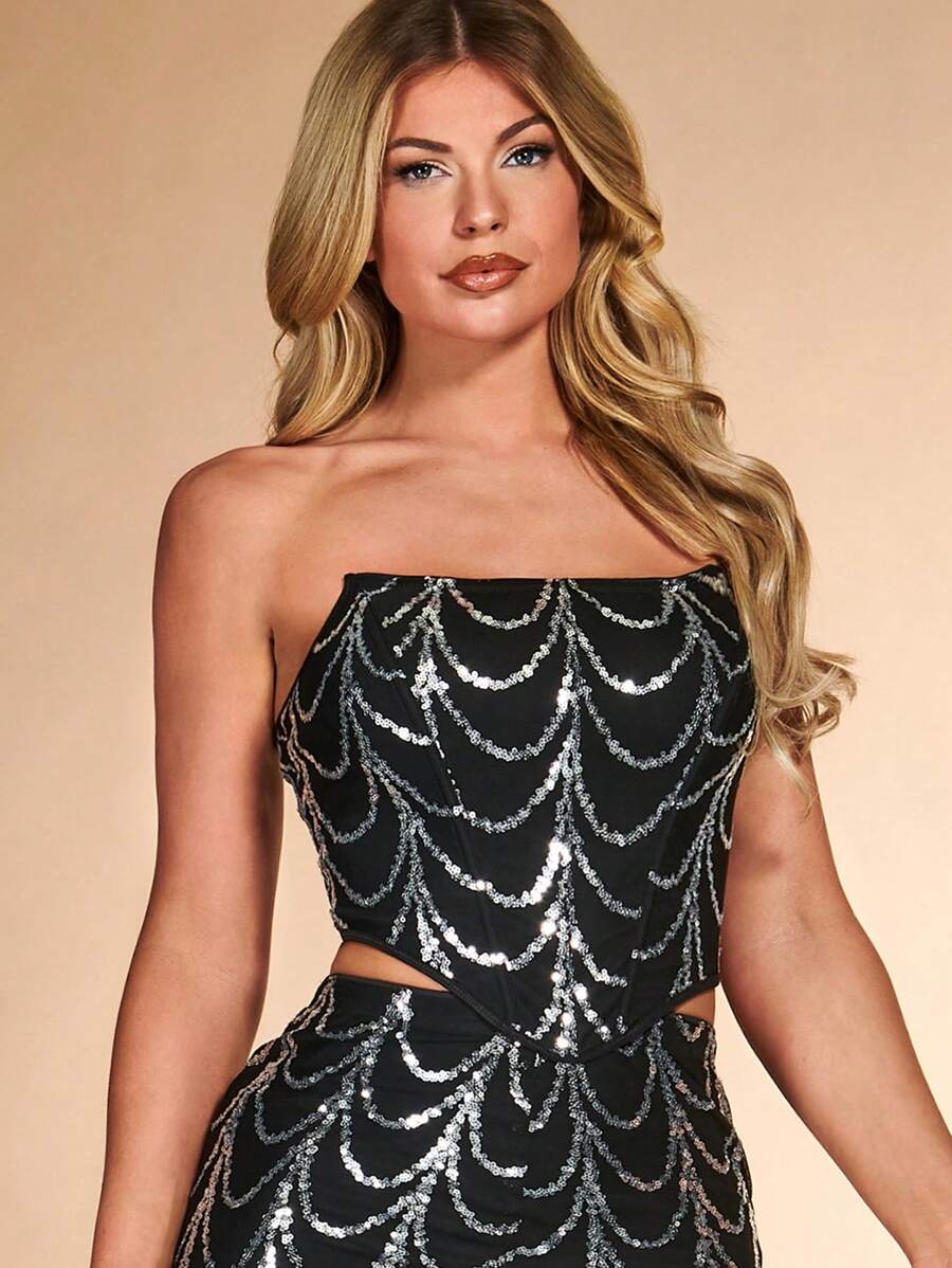 SHEIN BAE 聖誕亮片裝飾抹胸上衣 - 黑色 - 查看 1