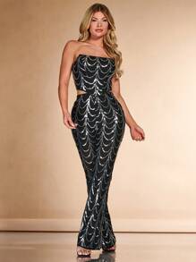 SHEIN BAE 聖誕亮片裝飾抹胸上衣 - 黑色 - 查看 2