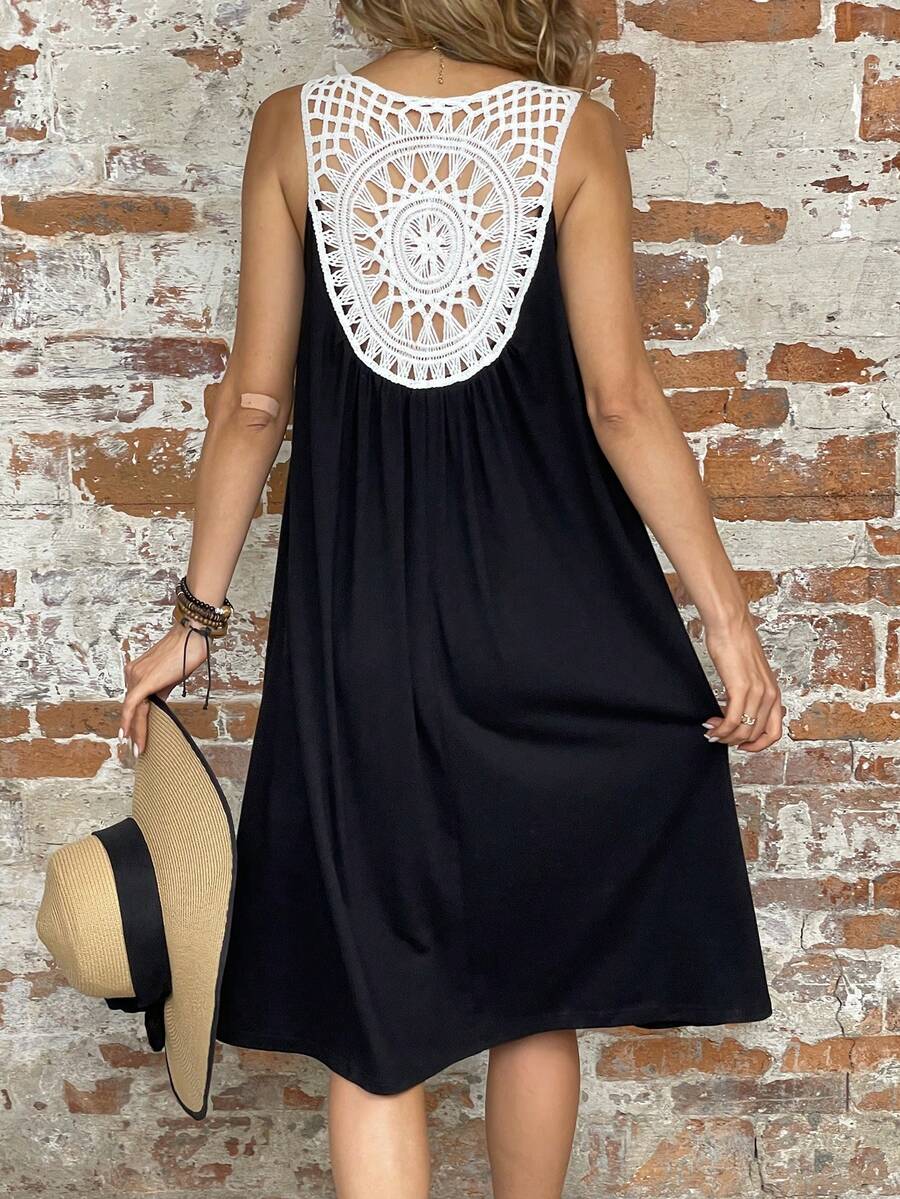 SHEIN LUNE Contrast Guipure Lace Panel Tank Dress - Black - View 1