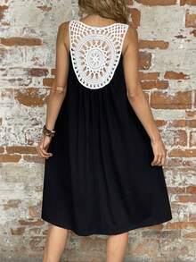 SHEIN LUNE Contrast Guipure Lace Panel Tank Dress - Black - View 2
