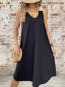 SHEIN LUNE Contrast Guipure Lace Panel Tank Dress - Black - View 3