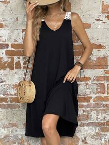SHEIN LUNE Contrast Guipure Lace Panel Tank Dress - Black - View 4