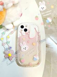 1pc Rabbit Print Clear Phone Case With Flower Decor Beaded Lanyard - Multicolor - View 1
