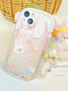 1pc Rabbit Print Clear Phone Case With Flower Decor Beaded Lanyard - Multicolor - View 2