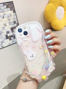 1pc Rabbit Print Clear Phone Case With Flower Decor Beaded Lanyard - Multicolor - View 3