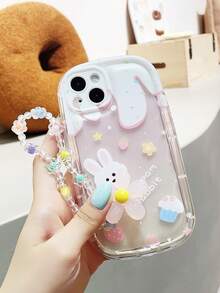 1pc Rabbit Print Clear Phone Case With Flower Decor Beaded Lanyard - Multicolor - View 4