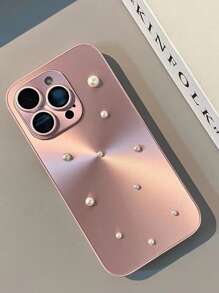 Capa protetora para celular com cordão de pérolas em formato de coração, feita à mão, com película de lente de vidro de alta definição e design moderno para iPhone 11/12/13/14/15/16 PROMAX, capa protetora com cordão de pérolas em formato de coração e laço rosa - Rosa - Ver 1