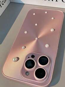 Capa protetora para celular com cordão de pérolas em formato de coração, feita à mão, com película de lente de vidro de alta definição e design moderno para iPhone 11/12/13/14/15/16 PROMAX, capa protetora com cordão de pérolas em formato de coração e laço rosa - Rosa - Ver 3