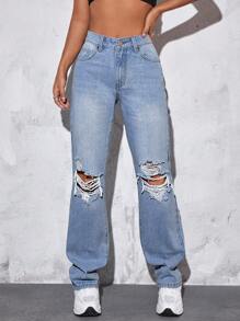 SHEIN EZwear 破洞直筒牛仔褲 - 淺色水洗藍 - 查看 1