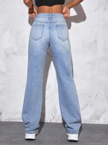 SHEIN EZwear 破洞直筒牛仔褲 - 淺色水洗藍 - 查看 2