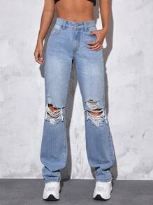 SHEIN EZwear 破洞直筒牛仔褲 - 淺色水洗藍 - 查看 3