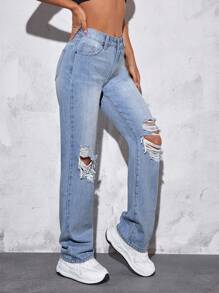 SHEIN EZwear 破洞直筒牛仔褲 - 淺色水洗藍 - 查看 4