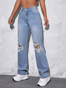 SHEIN EZwear 破洞直筒牛仔褲 - 淺色水洗藍 - 查看 5