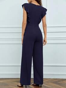 SHEIN Tall Solid Ruffle Trim Wide Leg Jumpsuit