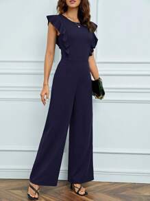 SHEIN Tall Solid Ruffle Trim Wide Leg Jumpsuit