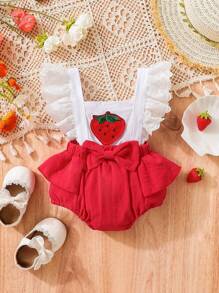 SHEIN Bebé Body overol fresa con parche ribete con fruncido con lazo delantero - Rojo y blanco - Ver 1
