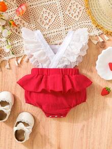 SHEIN Bebé Body overol fresa con parche ribete con fruncido con lazo delantero - Rojo y blanco - Ver 2