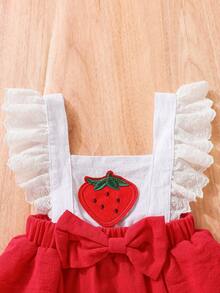 SHEIN Bebé Body overol fresa con parche ribete con fruncido con lazo delantero - Rojo y blanco - Ver 3
