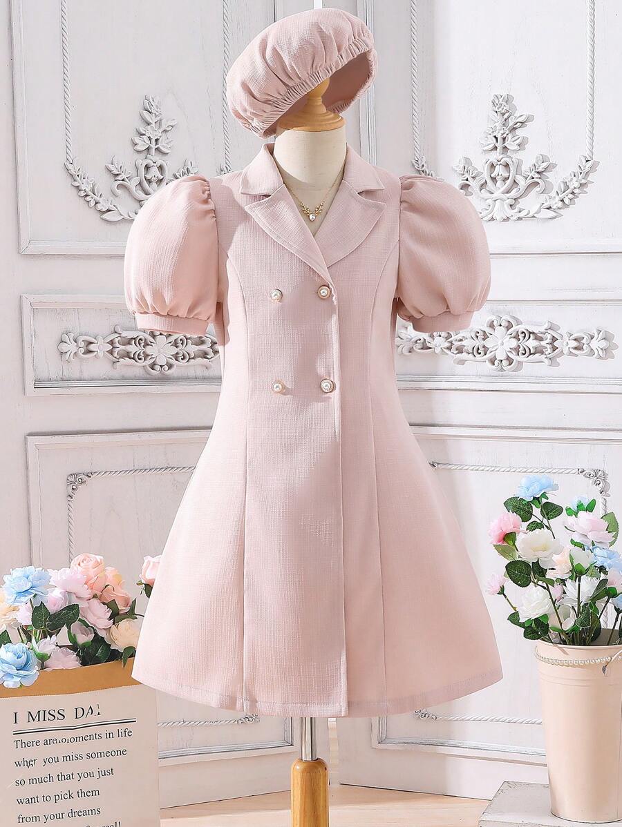 SHEIN Cô gái Tween Ống tay áo Đôi ngực Đầm - Màu Hồng baby - Xem 1