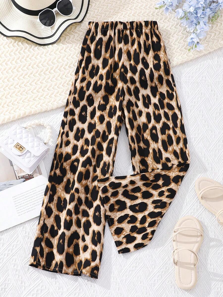 Girls Leopard Print Wide Leg Trousers - Multicolor - View 1