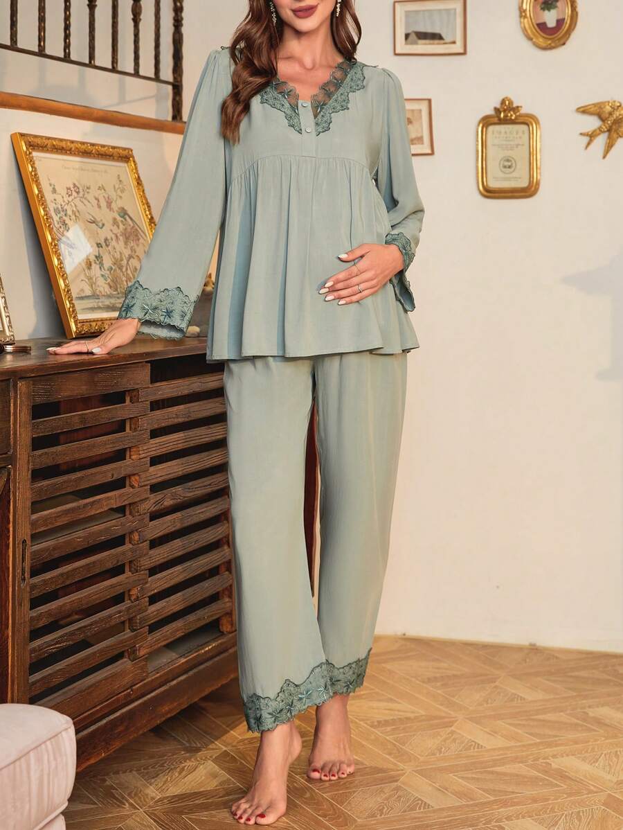 Moonlight&Mama Maternity Lace Trim Top & Trousers Lounge Set - Green - View 1