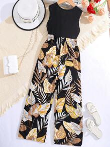 Sparklyn 少女實心背心上衣和熱帶印花寬腿褲 - 彩色 - 查看 2