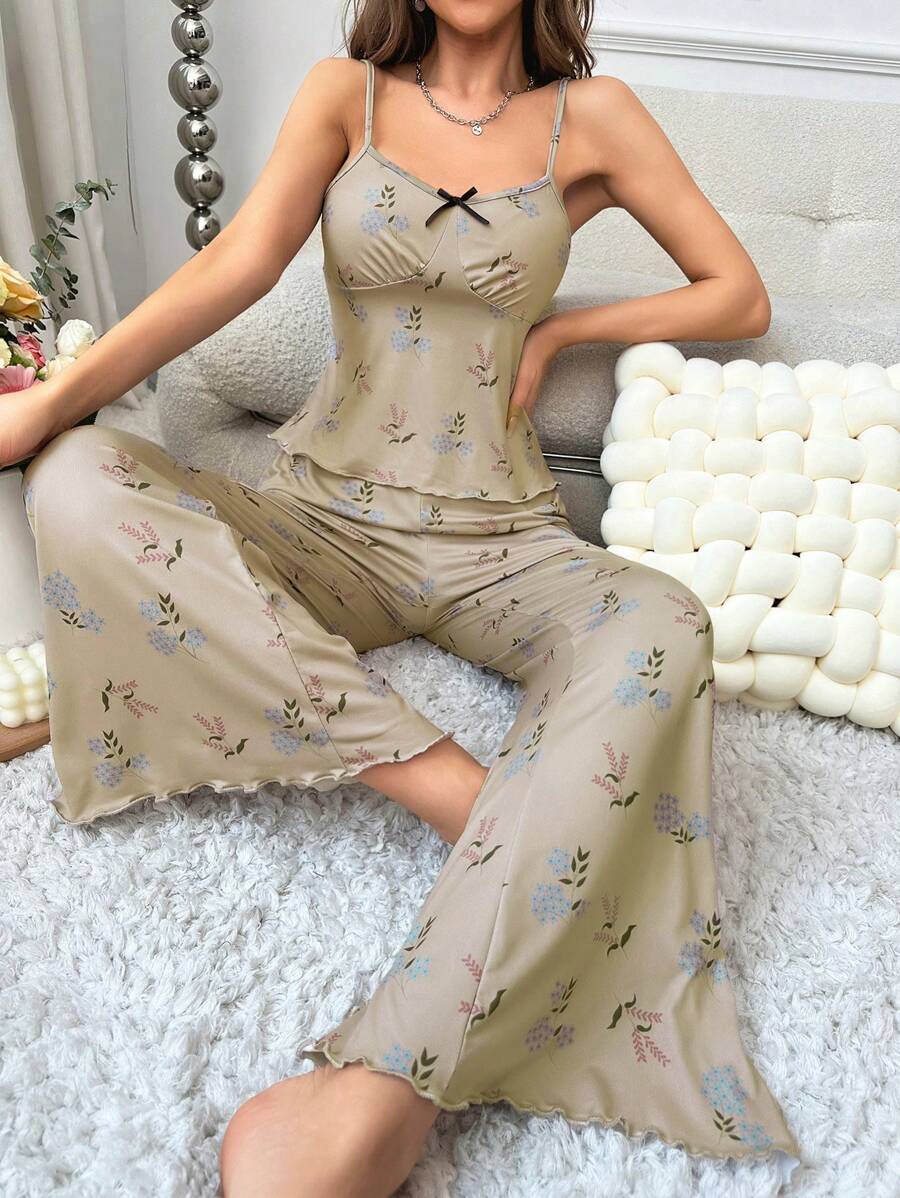 印花前蝴蝶結木耳邊吊帶上衣和闊腿褲睡衣套裝 - 卡其色 - 查看 1